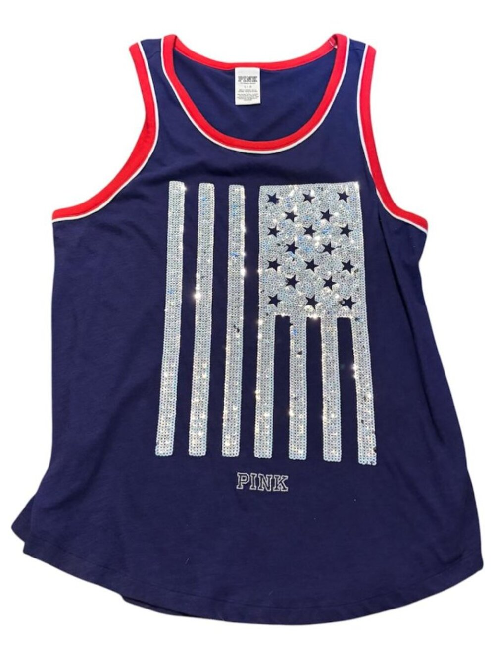 Victoria's Secret PINK Navy Silver Sequin American Flag Tank Top Size Large